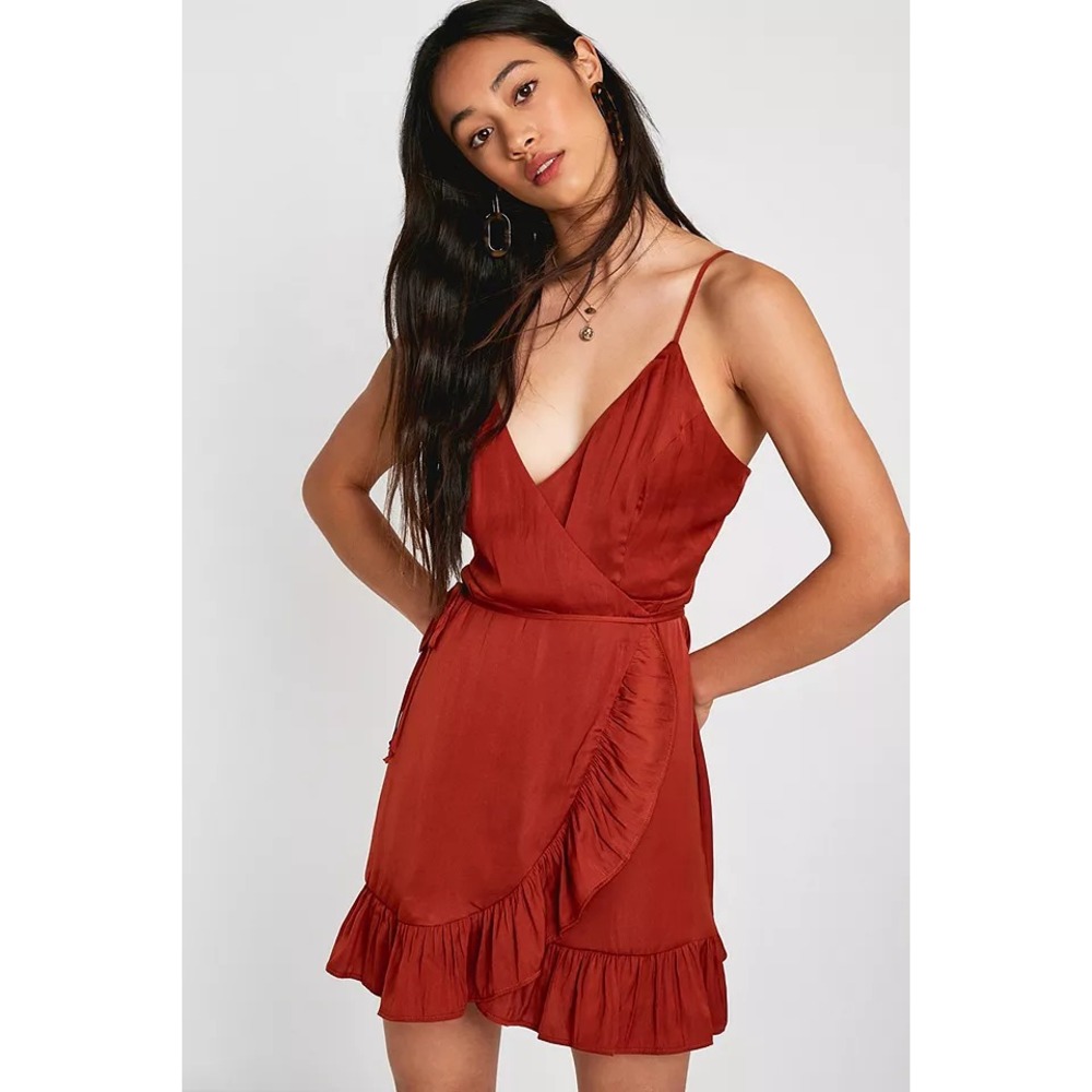 Free People All My Love Shine Mini Wrap Slip Dress Size Large Tan Brown NWT - Picture 2 of 12